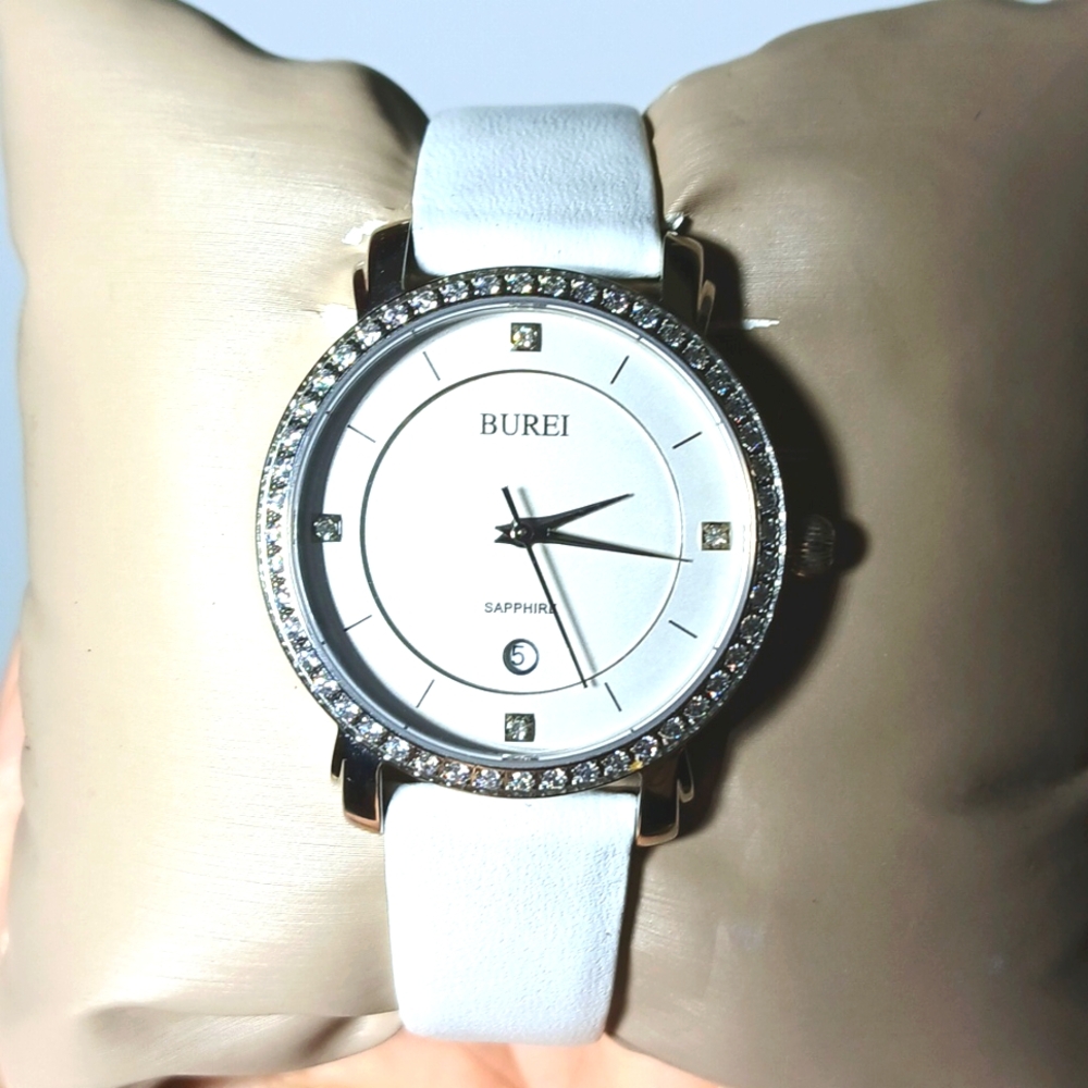 ✨ White Leather Burei Ladies Watch Sapphire Glass Stainless Steel Crystal Ac Lux